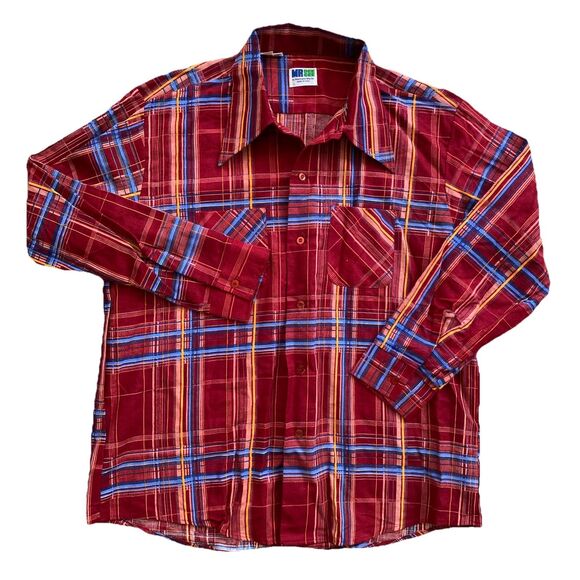 Vintage Mr Dee Cee Shirt 70s Deadstock Flannel Big Collar Plaid Red Blue XL - Picture 2 of 8
